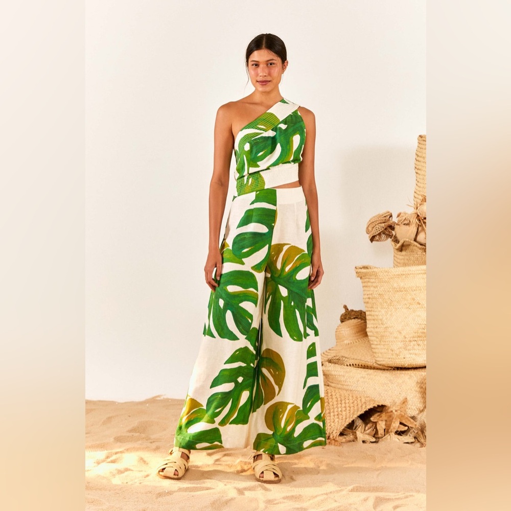 FARM Rio Green Leaf Print One-Shoulder Jumpsuit
